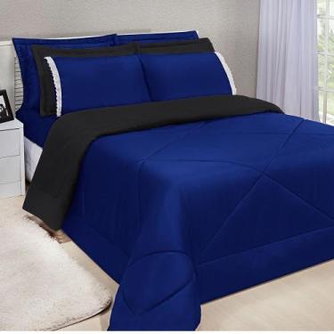 Imagem de Kit Edredom Dupla Face Ternura Casal Padrão 6 Peças - Azul Royal e Pre