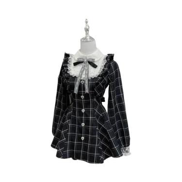 Imagem de Vestido Feminino Com Renda E Estampa Xadrez, Manga Longa Com Babados, 