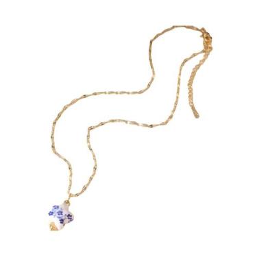 Imagem de Colar Feminino Vintage Com Pingente De Coração De Cerâmica Azul E Corr