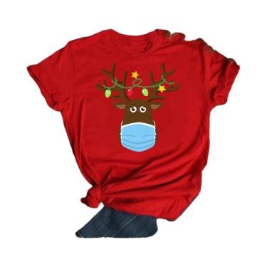Imagem de Camiseta Feminina De Natal Com Estampa De Rena E Papai Noel, Gola O, E
