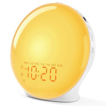 Imagem de Despertador com luz de despertar para crianças, pessoas que dormem pesadas, quarto, com simulação de nascer do sol, adormecer, dois alarmes, rádio FM, soneca, luz noturna, luzes coloridas,