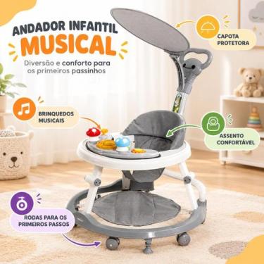 Imagem de Andador Infantil Para Bebê Com Capota e Brinquedo Musical - Kababy