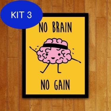 Imagem de Kit 3 Placa Decorativa - No Brain No Gain - Sem Cérebro Sem Ganho - Si