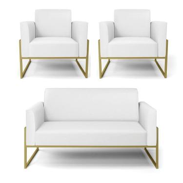 Imagem de Sofá Namoradeira Com 2 Poltronas Base Industrial Alta Dourado Marisa Corino D03 - D\`rossi Cor Branco