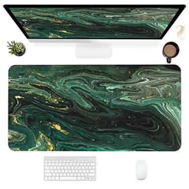 Imagem de Tapete de mesa, tapete de mouse estendido de mármore líquido ouro verde para trabalho de escritório e jogo, tapete de mouse de teclado de computador mesa base de borracha antiderrapante grande mousepad com bordas costuradas, 80 x 39 cm