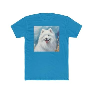 Imagem de Samoyed Camiseta masculina justa de algodão, Turquesa lisa, P