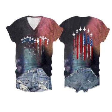Imagem de Camiseta feminina de 4 de julho com bandeira dos EUA, Dia da Independência, túnica com estampa de coração patriótico, blusa de manga curta e gola V, Vermelho, 3G