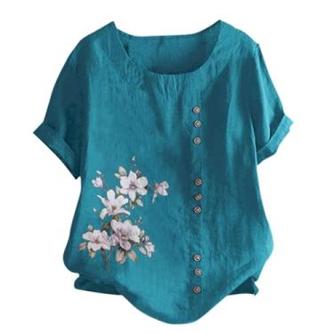Imagem de Camiseta feminina de linho, estampa floral, manga curta, caimento solto, gola redonda, verão, túnica, Verde, 5G