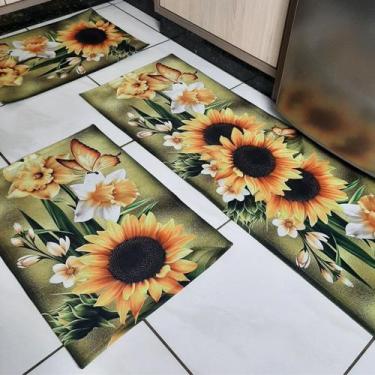 Imagem de Kit Tapete Cozinha Jogo 3 Peças Antiderrapante Girassol 02 - Colorful 