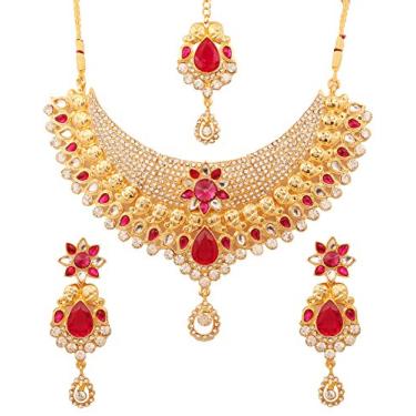 Imagem de Touchstone Conjunto de colares de casamento de designer mogol de artesanato tradicional indiano de Bollywood em tom dourado antigo ou branco para mulheres., Strass, Sem Pedra Preciosa