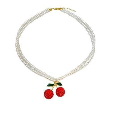 Imagem de Gargantilha feminina de pérola de cereja fofa banhada a ouro, corrente de contas ajustáveis, pingente de frutas CZ requintadas, colares de clavícula em camadas, berloque feito à mão, joia Y2k para