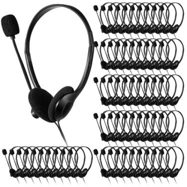 Imagem de Kathfly 80 unidades de fones de ouvido para sala de aula com microfone, fones de ouvido estéreo para estudantes, ajustáveis, escritório, conferência, com plugue de 3,5 mm para crianças, adultos