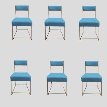 Imagem de Kit 06 Cadeiras Atena Base De Ferro Maciço Dourada Suede Azul Tiffany D`classe Decor