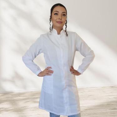 Imagem de Jaleco Branco Feminino Gola Padre Zíper Manga Longa com Punho Elástico