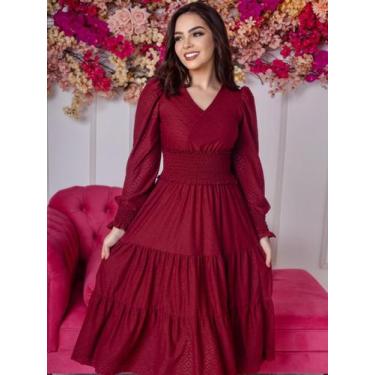 Imagem de Vestido Midi Acinturado Decote V Manga Longa Malha Lese Festa - Fashio