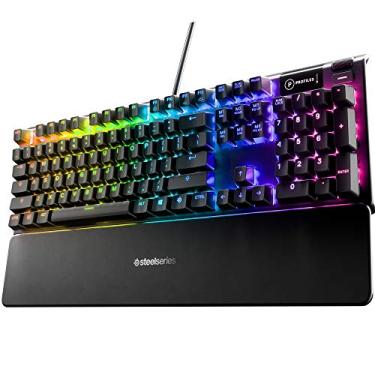 Imagem de SteelSeries Teclado mecânico para jogos USB Apex 5 híbrido – Iluminação RGB por tecla – Moldura de liga de alumínio de nível aeronáutico – Tela inteligente OLED (interruptor azul híbrido)