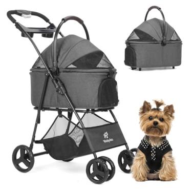 Imagem de Carrinho de passeio para animais de estimação, 4 rodas para cães e gatos médios/pequenos, carrinho dobrável para jogger/cachorro com suporte para copos, cesta de armazenamento, malha respirável