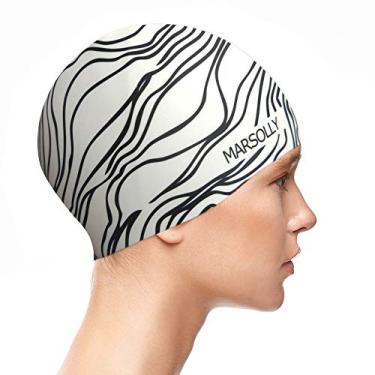 Imagem de Marsolly Touca de natação de silicone para mulheres, touca de natação de cabelo longo impermeável com estampa listrada (listra)