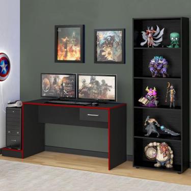 Imagem de Quarto Gamer 2 Peças com 1 Mesa Gamer, 1 Estante Preto/Vermelho - Arte