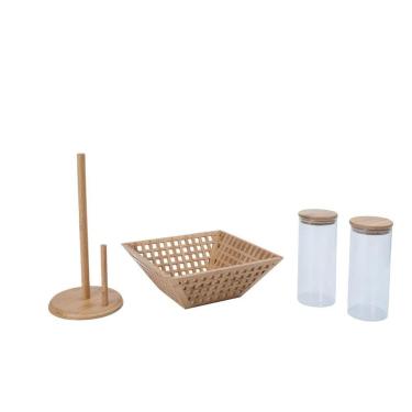 Imagem de Kit 2 potes de vidro tampa bambu 800ml, fruteira vazada bambu e porta papel toalha de bambu Oikos