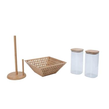 Imagem de Kit com 2 potes de vidro com tampa de bambu, fruteira vazada de bambu e porta papel toalha de bambu