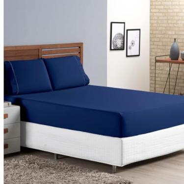 Imagem de Jogo de Cama King Percal 400 Fios Ponto Palito 03 Peças, Antiácaro, Anti-pilling com Toque Macio - (AZUL)