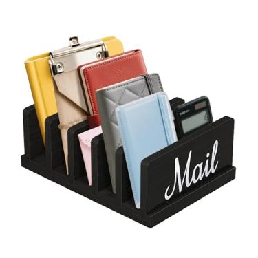 Imagem de KISENG Organizador de correio para mesa, suporte de correio de madeira com divisória, suporte de arquivo classificador de cartas de 5 compartimentos, organizador de notas vertical para documentos
