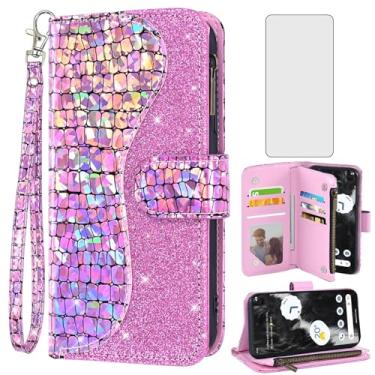Imagem de Asuwish Capa de celular para Google Pixel 7 5G com protetor de tela e alça de pulso de couro com glitter com zíper flip suporte para cartão de crédito Cell Pixel7 Pixle Seven 6.3 mulheres meninas rosa