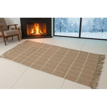Imagem de Tapete de juta 100% natural feito à mão com borlas – Tapete durável, limpável e elegante para sala de estar, quarto e todos os espaços (xadrez branco, 60 cm x 100 cm)