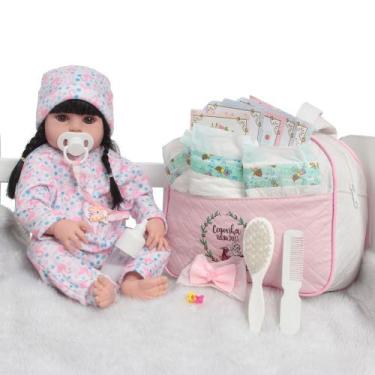 Imagem de Boneca Reborn Bebê Silicone Realista 46cm Bolsa Acessórios - Cegonha R