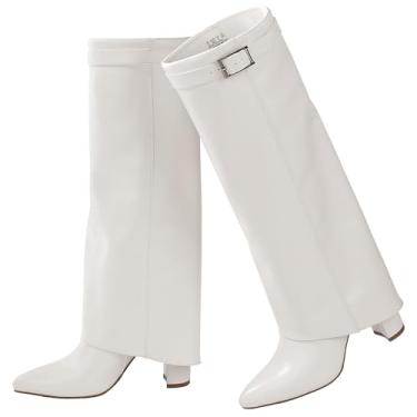 Imagem de Ankis Botas de cano alto dobráveis para mulheres, salto grosso, bico fino, com zíper lateral, botas longas e altas, Poliuretano branco, 36