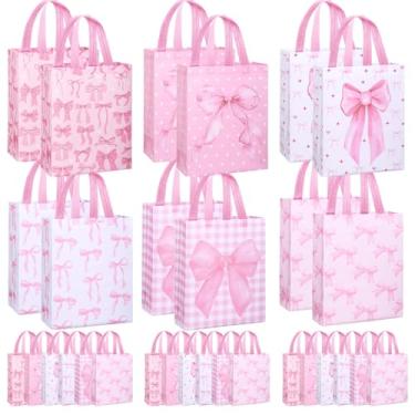 Imagem de SilTriangle 30 peças de sacos grandes de presente de Natal com laço rosa, reutilizáveis, não tecidos, sacolas de presente de Natal rosa com alças para suprimentos de festa de Natal, inverno, 30 x 24 x