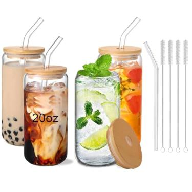 Imagem de DAMCONME Copos de vidro de 590 ml com tampas e canudos, conjunto de 4 copos de café gelado grandes estéticos para mulheres, amigos ou casais - Utensílios reutilizáveis prontos para presente para casa