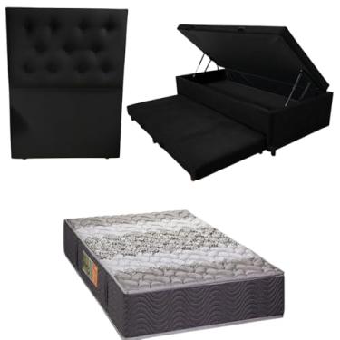 Imagem de Bicama Box Baú com Colchão de Espuma Orthopedic + Cabeceira Botonê - Solteiro 88x188 (SUEDE PRETO)