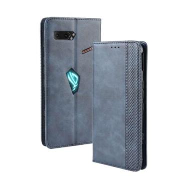 Imagem de Capa para ASUS ROG Phone II ZS660KL,Retro Flip magnético,Caso de telefone de couro PU,Design de carteira com 3 slots de cartão e 1 clipe de dinheiro -Blue