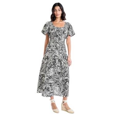 Imagem de The Good Journey Vestido maxi feminino de manga curta e gola redonda evasê - Vestidos casuais de verão para convidados de casamento, Creme preto, G