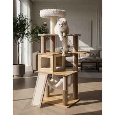 Imagem de Torre de madeira para gatos de 155 cm para gatos internos, torre de madeira moderna de luxo com lounge de pelúcia GG, rede e postes de arranhar para Maine Coon 9 kg