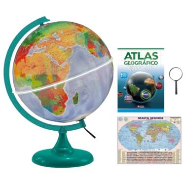 Imagem de GLOBO TERRESTRE FÍSICO POLÍTICO LUMINOSO 30CM BASE VERDE + MAPA MUNDI + LUPA + ATLAS GEOGRÁFICO