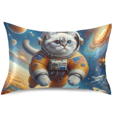 Imagem de Travesseiros de cetim astronauta gatinho gato espaço king queen padrão capa de travesseiro desenho animado almofadas decoração de almofada, tamanho padrão, 66 cm x 50 cm