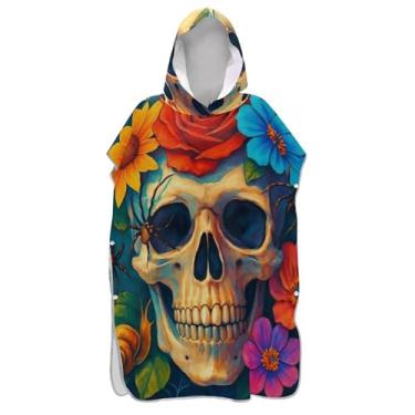Imagem de TSENQUE Roupão para adultos poncho de surfe praia moletom com capuz toalha de natação plus size masculino poncho com capuz crânio humano flores coloridas