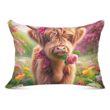 Imagem de Capa de almofada de flanela de vaca Highland com flor colorida decorativa padrão Queen King Capas de travesseiro longas para cama de animal, tamanho Queen, 50,8 cm x 76,2 cm