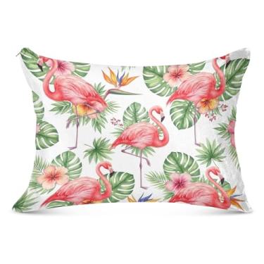 Imagem de Capas de travesseiro decorativas de flamingos rosa folhas flores flanela padrão queen king travesseiros corporais divertidas capas de travesseiro corporal, tamanho Queen, 50,8 cm x 76,2 cm