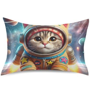 Imagem de Travesseiro de cetim gatinho fofo gato astronauta para cabelo King Queen padrão almofada antiderrapante decoração de quarto estética, tamanho Queen, 76,2 cm x 50,8 cm