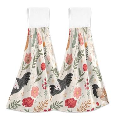 Imagem de Roosters Toalhas de cozinha para pendurar no outono em creme floral conjunto de 2 toalhas de mão de cozinha ultra absorventes decorativas, 46 x 35 cm