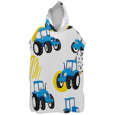 Imagem de Joisal Roupão de mudança de poncho de surfe para toalha de banho com capuz de praia plus size ponchos de praia para homens bonitos desenhos animados tratores azuis