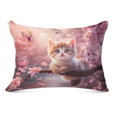 Imagem de Pink Cherry Bloom Cute Cat Fronha com zíper poliéster padrão king queen size fronha macia para cama, tamanho padrão, 50,8 cm x 66 cm