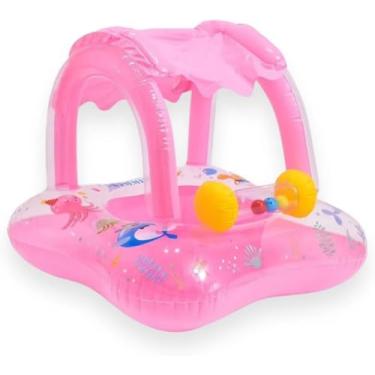 Imagem de Bóia Infantil para Bebê com Cobertura Proteção Solar Removível e Assento de Segurança Tipo Fralda Piscina (Rosa)
