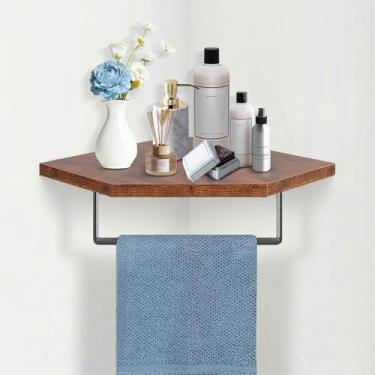 Imagem de Winmien Suporte de toalha de mão/anel de toalha com prateleira de madeira, toalheiro de mão, cabide de toalha de mão para banheiro, acessórios de banho de canto montados na parede (polígono, 21 cm