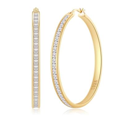 Imagem de VEEDOFA Brincos de argola de strass grandes para mulheres, argolas hipoalergênicas de zircônia cúbica grande com pino de prata esterlina, brincos de strass banhados a ouro 14 K, prata esterlina 925