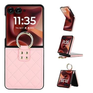 Imagem de Capa para Motorola Razr 50 Ultra, capa traseira ultrafina e leve com anel de metal, capa de couro fina à prova de choque, design elegante de ponto de diamante (rosa)